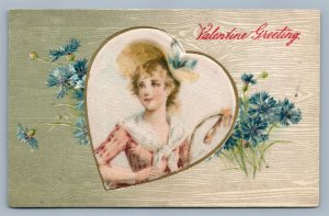 VALENTINE GREETING EMBOSSED ANTIQUE POSTCARD PRETTY LADY PRINTED ON SILK