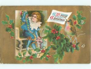 Pre-Linen Christmas CHILD HOLDING STRING OF HOLLY AB5351