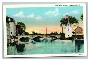 Vintage 1940's Postcard American Flag Old Stone Bridge Rochester New Hampshire