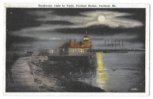 Portland to West Bath, Maine 1920 PPC, Breakwater Light, Portland Harbor, ME