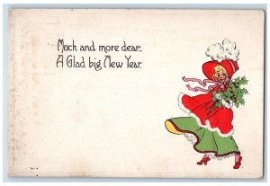 c1910's New Year Woman Dress With Holly Berries Embossed Cumberland MD Postcard