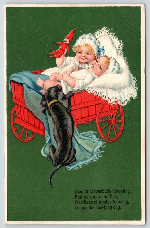 PFB Babies & Puppy Dog~Black Dachshund Paws into Red Baby Buggy~Green Back~6229 