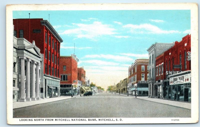 Mitchell SD Main Street View Unique Theatre Mitchell National Bank Postcard D40