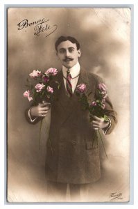 RPPC Tinted Mustache Man With Flowers Bonne Annee New Year UNP Postcard U22