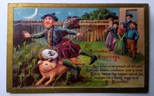 Halloween Postcard Pig Moon Man In Kilt Pitchfork Crops Gottschalk Germany 2171