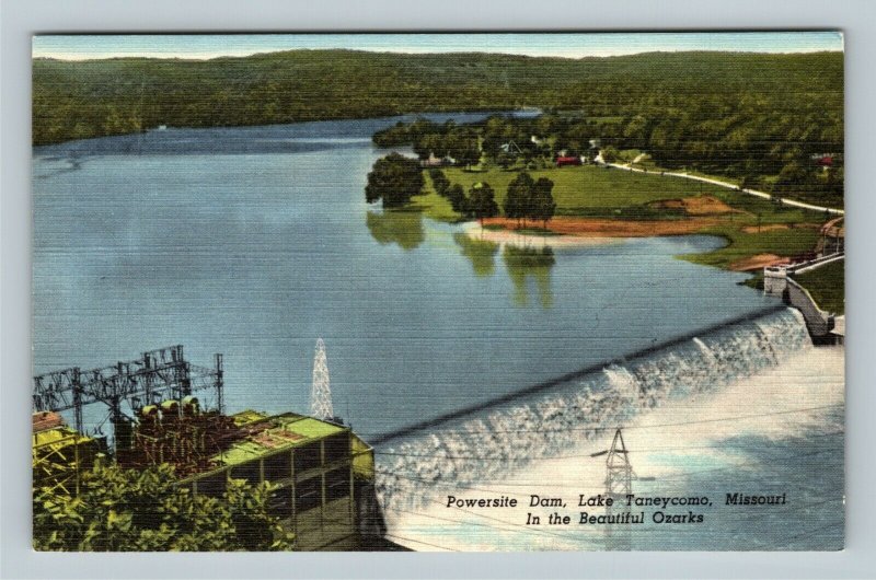 Lake MO, Powersite Dam, Aerial View, Linen Missouri Postcard
