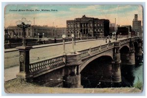 c1910's Locust Street Bridge River Concrete Bridge Lamp Des Moines Iowa Postcard