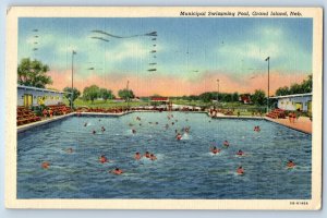 1953 Grand Island Nebraska Postcard Municipal Swimming Pool Crowd Bathing Posted