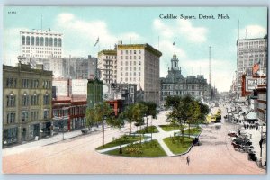 c1910's Cadillac Square Classic Cars Carriage Trolley Detroit Michigan Postcard