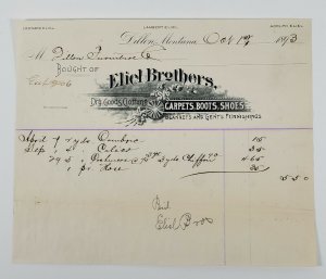 Dillon Montana Billhead of Eleil Brothers Dry Goods to Dillon Furniture Co 1893