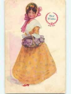 Divided-Back art nouveau signed GIRL IN YELLOW DRESS & PINK BONNET r2657