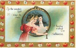 Halloween, Women Holding Candle Seeing Man in Mirror at Midnight, Embossed