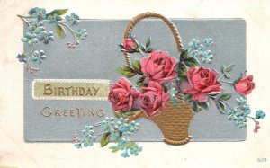 Vintage Postcard 1910's Birthday Greeting Flower Basket Red Roses Greetings Wish