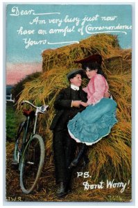 c1910's Sweet Couple Romance Bicycle Hay Don't Worry Unposted Antique Postcard