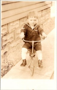 Real Photo Postcard Sailor Dressed Toddler Boy on a Tricycle