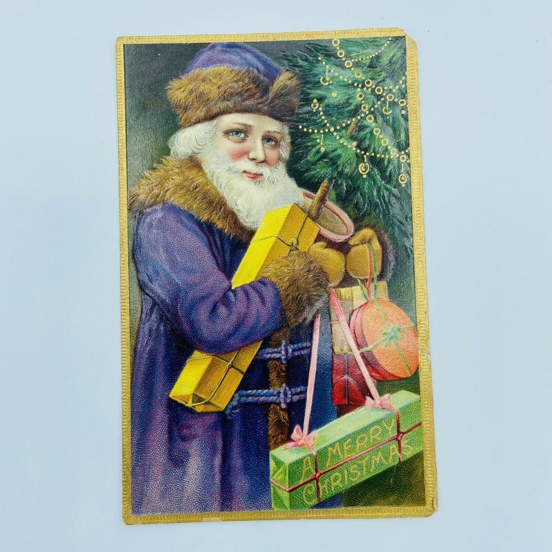 1910 Purple Robe Santa Claus Christmas Presents Tree Border Embossed Postcard