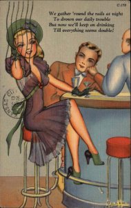 Curt Teich What a Life Sexy Woman at Bar Man Stares Art Deco Linen Postcard