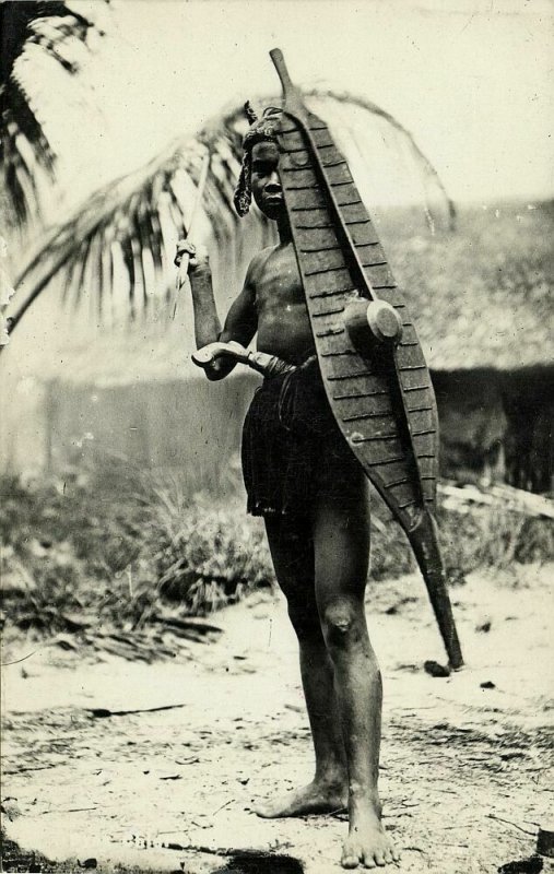 indonesia, NIAS, Native Warrior, Spear Shield Balato Sword 1920s RPPC Postcard 1