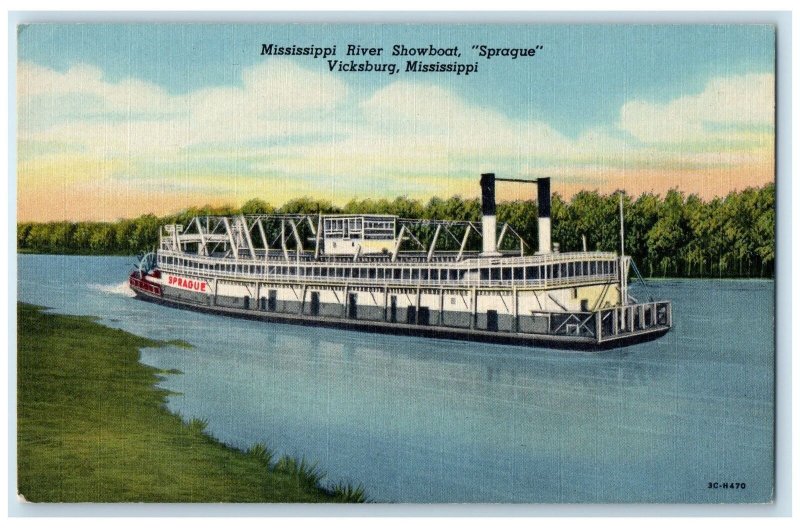 c1940's Mississippi River Showboat Sprague Ship Vicksburg Mississippi Postcard