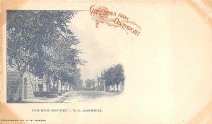 GREETINGS FROM DAVENPORT IOWA 4TH STREET ROCK ISLAND ARSENAL PMC POSTCARD (1900)