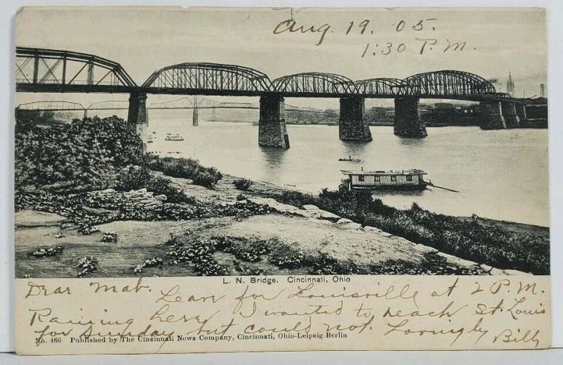 Ohio L.N. Bridge Cincinnati c1905 to Pittsfield NH Postcard M14