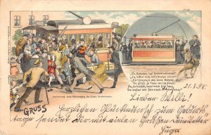 Transport 1898 Gruss People Try Get in First Electric Tram Chaos postcard C359