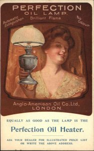 Perfection Oil Lamp Pretty Woman Anglo-American Oil Co London Postcard c1910
