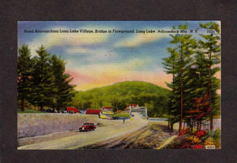 NY Long Lake Village Bridge Adirondacks Mts New York Linen Postcard