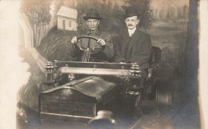 Studio Portrait Prop Car-Happy men wearing hats~1910s Real Photo POSTCARD