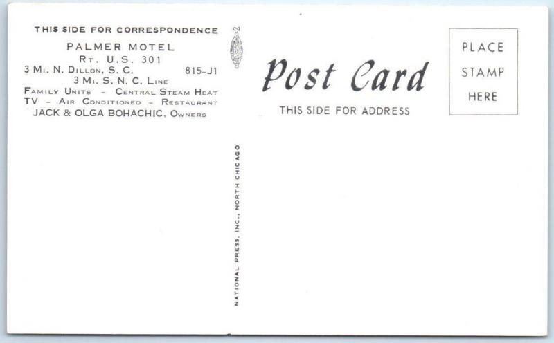 DILLON, South Carolina  SC   Roadside  PALMER MOTEL   Postcard 