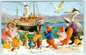 RACEY HELPS Artist Signed ~ Dressed Animals WAITING FOR THE STEAMER Postcard