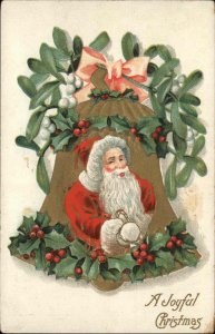 Christmas Santa Clause Bell Gilt Embossed c1910s Postcard