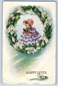 1918 Easter Child Girl Purple Dress Singing Lilies Flowers Wreath Postcard