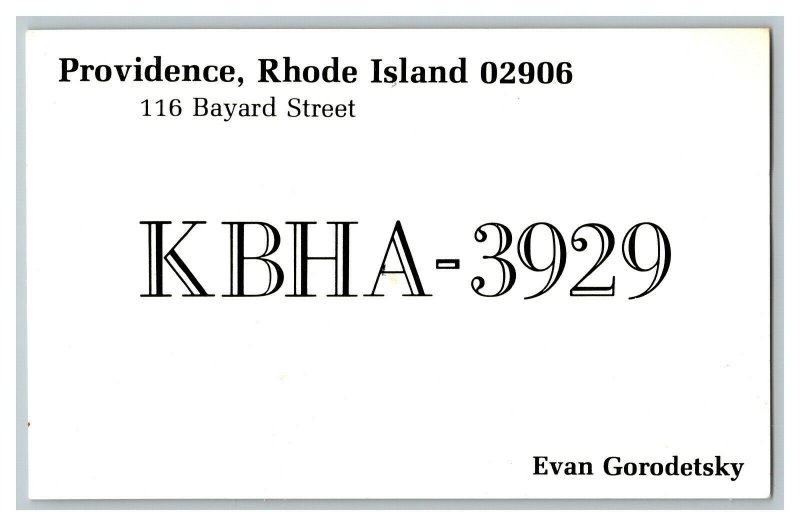 Postcard QSL Radio Card From Providence Rhode Island KBHA-3929 