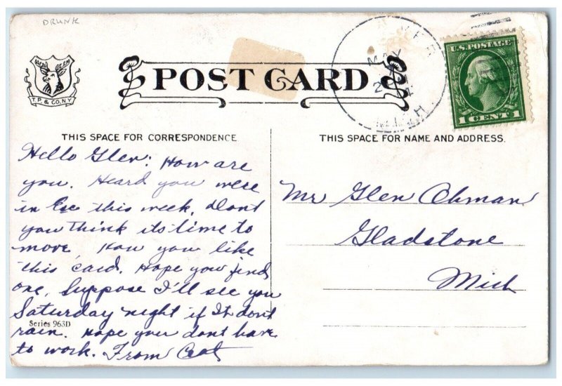 1914 Drunk Man Cigarette Parcel Post Egg Vendor Gifts Gladston MI Postcard