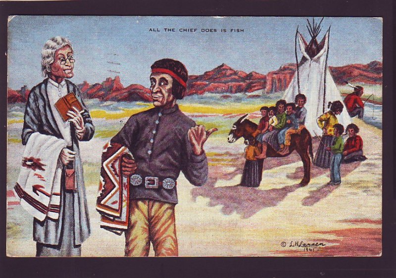P1607 1944 used art postcard indian chief & family all the chief dose is fish