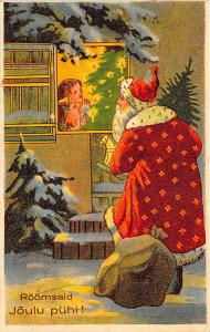 Christmas Red Suited Santa Claus Peeking in Window Finland Postcard