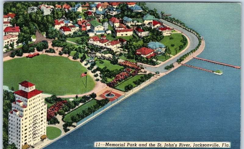 c1930s Jacksonville, FL Memorial Park St. John's River Birds Eye PC WWI War A291