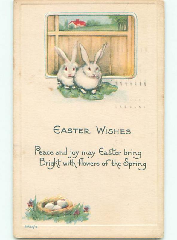 Pre-Linen easter TWO WHITE BUNNY RABBITS WITH LETTUCE k2590