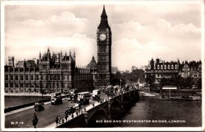 England London Big Ben And Westminster Bridge Vintage RPPC C004