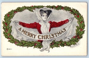 c1910's Christmas Pretty Woman And Holly Berries FC Lounsbury Embossed Postcard