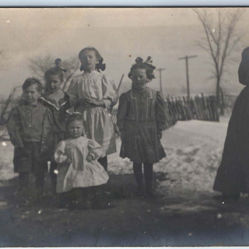 c1910s Cute Group Children Outdoors RPPC Winter Snow Girls Kids Real Photo A261