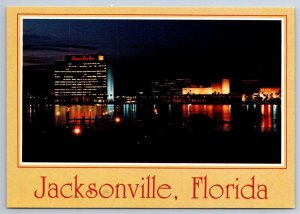 Skyline From Marina, Night View, Jacksonville, Florida, Chrome Postcard