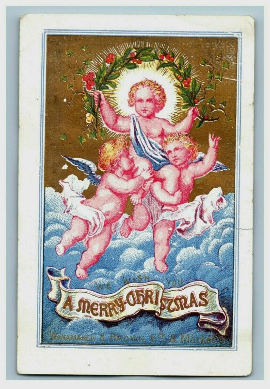 1870's Wanamaker & Brown Christmas Card Three Angels Cherubs Sky Fab! P166