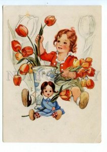 498827 East Germany GDR 1953 girl with a doll puts poppies a vase Old postcard