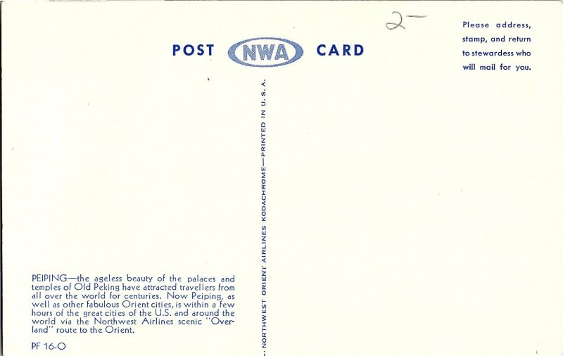 NWA Northwest Orient Winter Palace Grounds Peiping China Travel Postcard