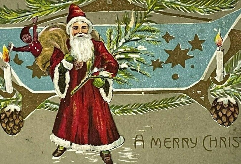 Vtg Victorian Christmas Postcard Santa Elf Embossed E.B.C. Saxony Early 1900s