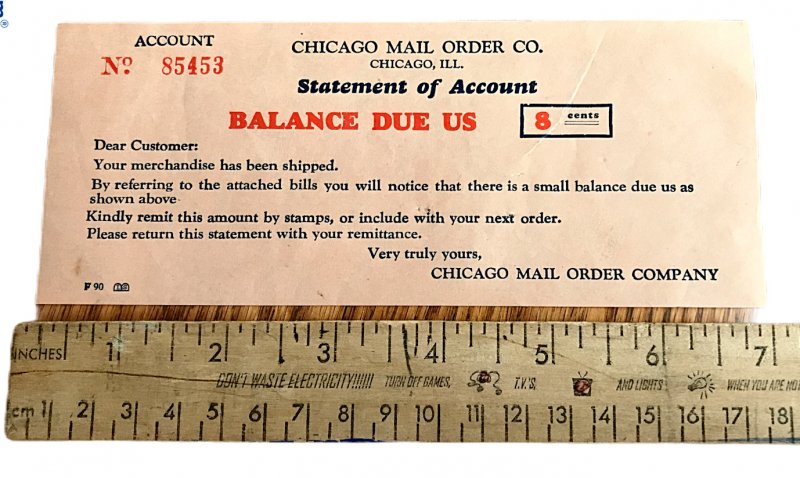 Vintage Chicago Mail Order Company Statement of Account Pink Slip 