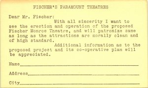 Fischer's Paramount Theaters Monroe Proposed Project Postcard early 1900's