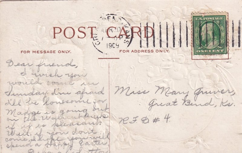 Easter Greetings Chicks Over a Large Egg Violets 1909 Great Bend KS Postcard E13